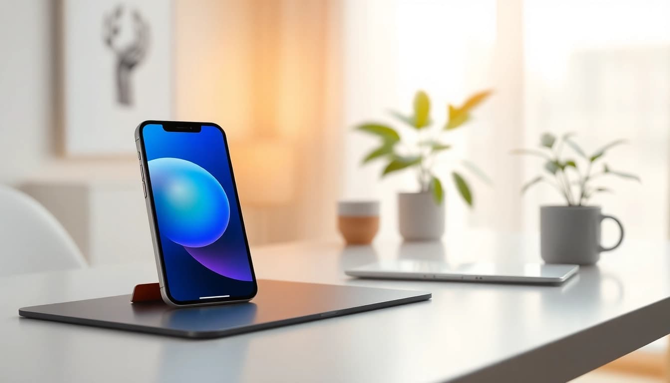 Vista del iPhone 15 Plus exhibido en un moderno escritorio, enfatizando su elegante diseño.