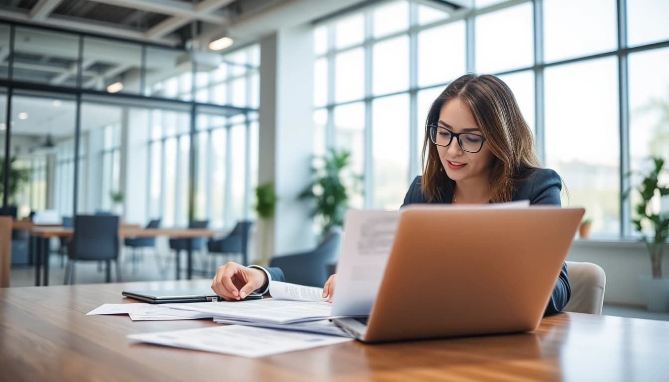 Tax Consultant in Kenya reviewing financial documents in a professional office setting.