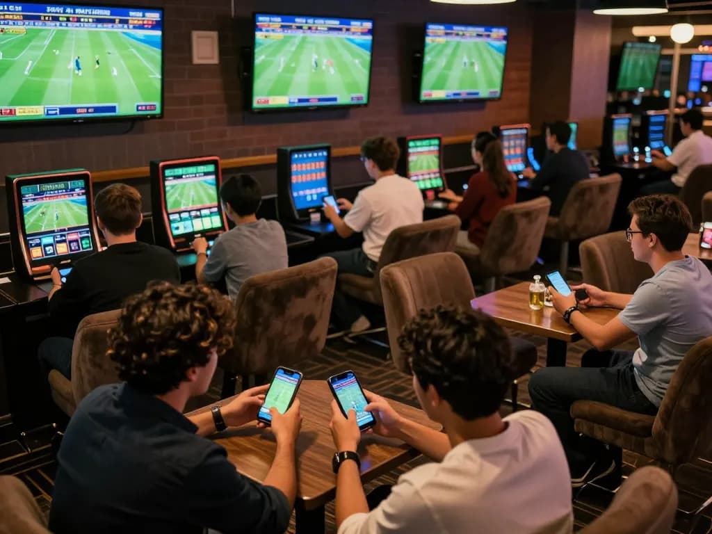 Tỷ lệ cá cược bóng đá hôm nay showcased in a lively sports betting lounge with fans engaging on smartphones