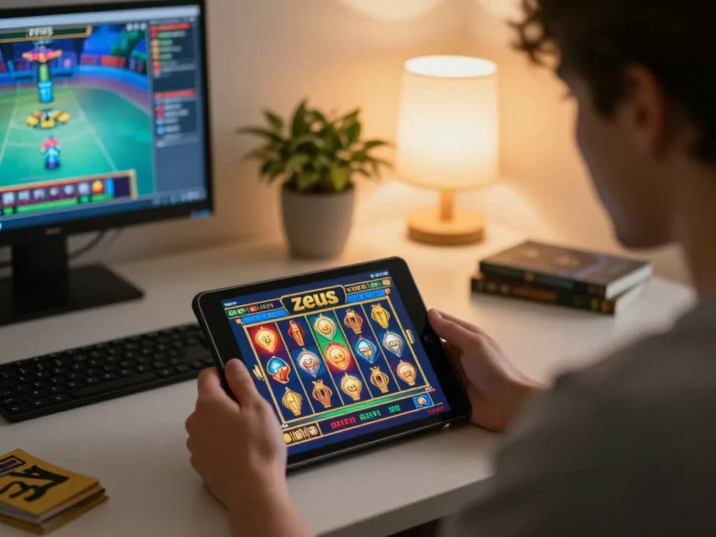 Pemain fokus pada permainan slot zeus di tablet dalam suasana bermain di rumah yang nyaman