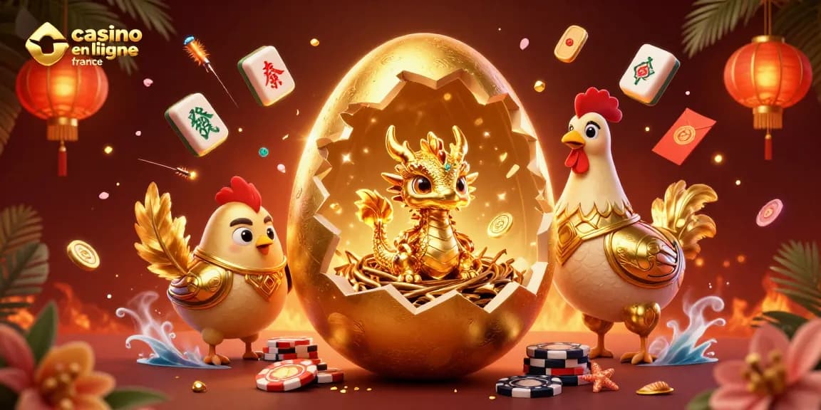 Illustration captivante sur le thème du casino en ligne France avec des éléments de jeu flashy et un dragon en or.