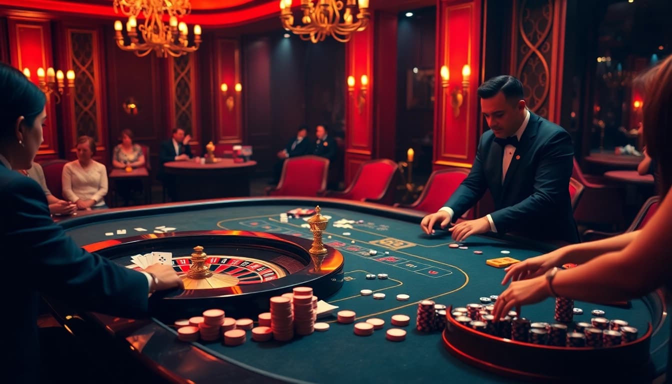 Exciting scene of i9bet gamblers engaging at a luxurious casino table with poker chips and a roulette wheel.