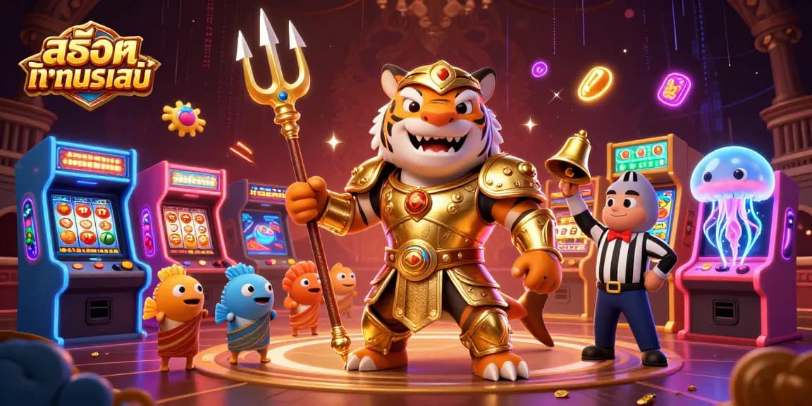 Engage in สล็อตทดลองเล่น with a dynamic underwater scene featuring unique characters and casino elements.