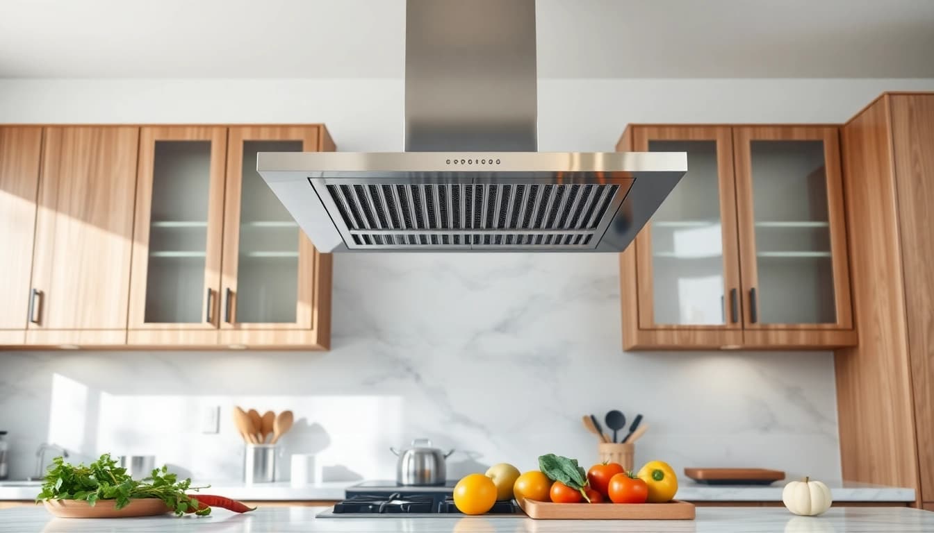 Modern kitchen showcasing hoods above a gas stove with elegant design and natural lighting.