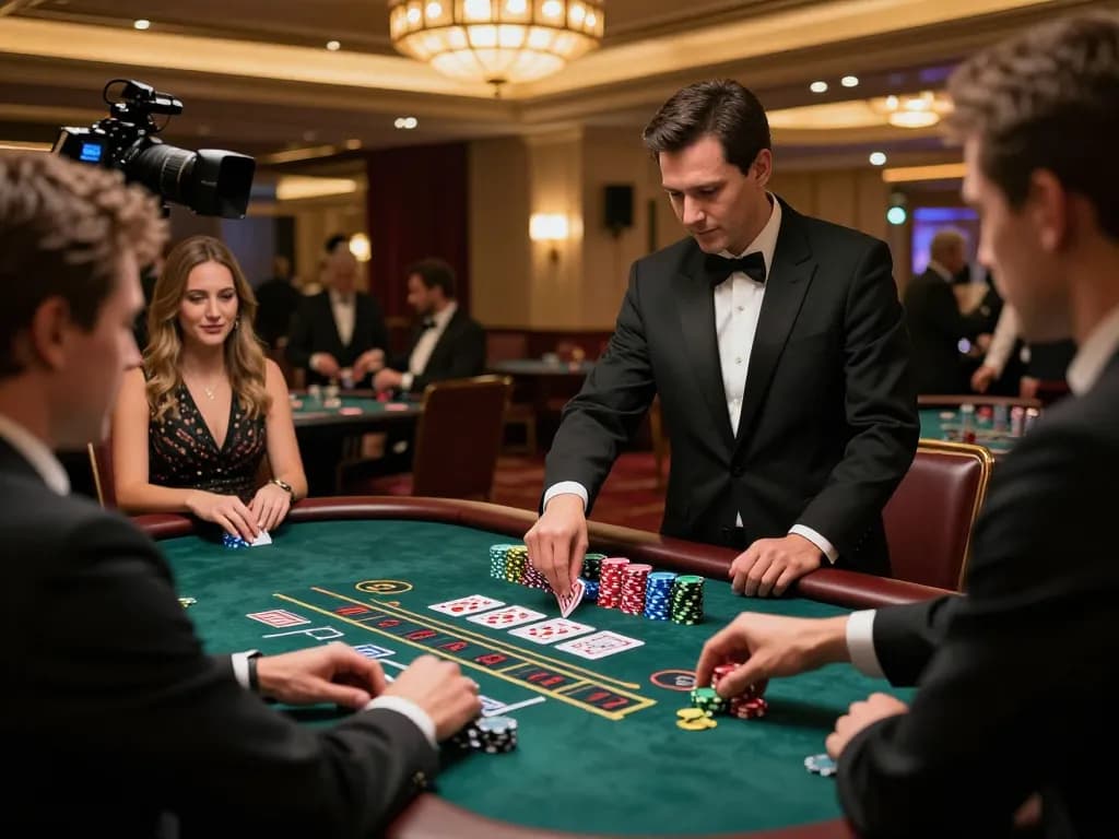 Experience high-stakes blackjack action at https://www.atqvn.com/ with players engaged at a vivid casino table.