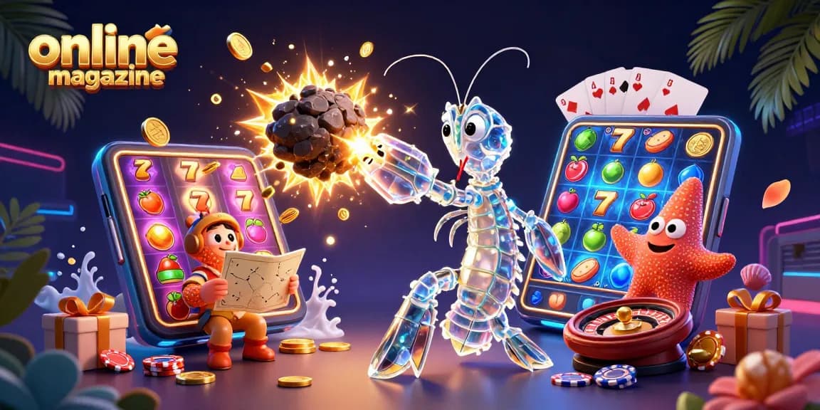 Engage with our online magazine showcasing vibrant casino illustrations featuring slots, gems, and starlight.