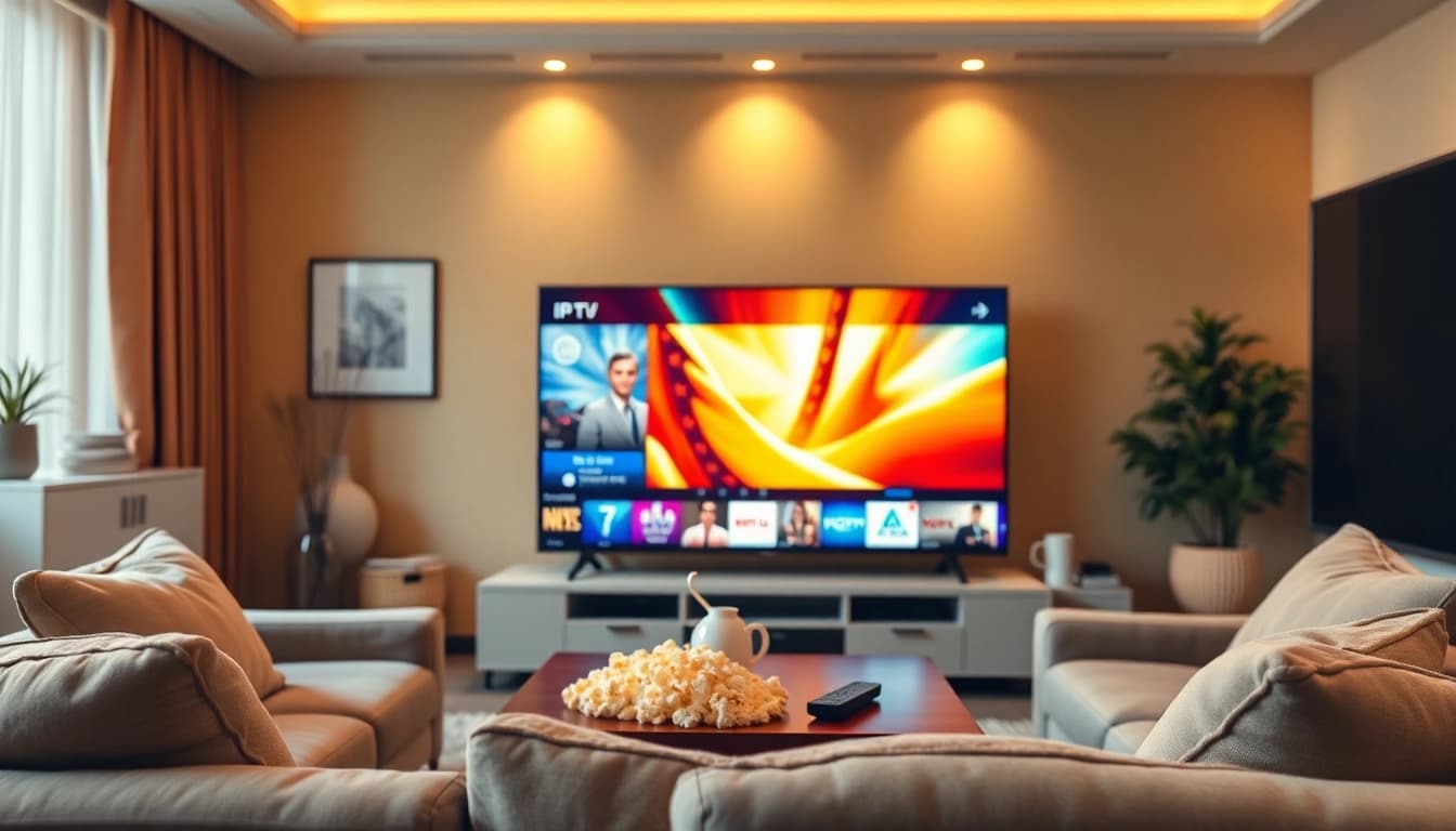 Enhance your viewing experience at https://vizomate.com with a professional IPTV setup in a cozy living room.