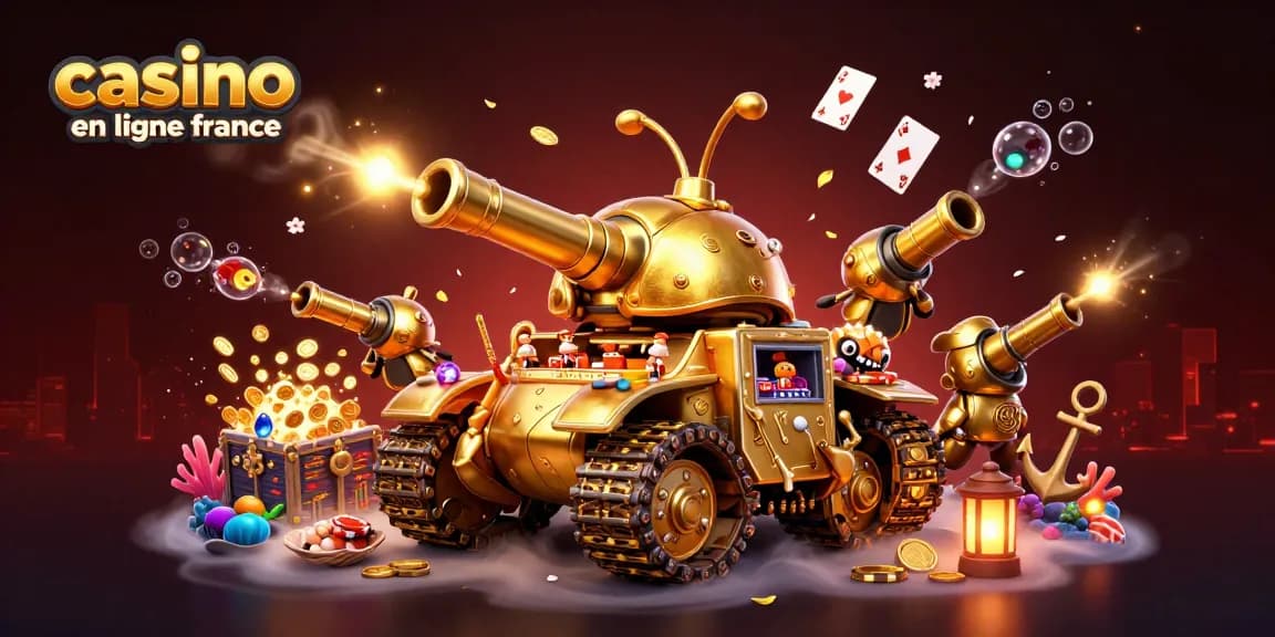 Casino en ligne France : illustration d'un tank doré avec mini-casino explosant de joyaux et de pièces.