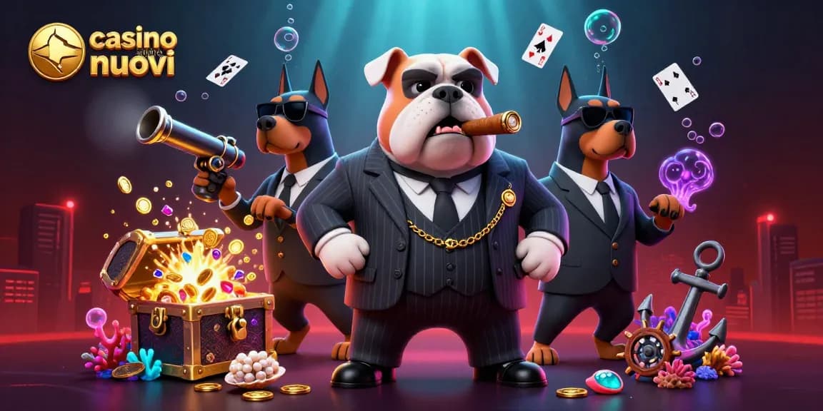 Gioca nei nuovi casinò online con l'illustrazione di un bulldog mafioso e coppia di Doberman, ricco di dettagli.
