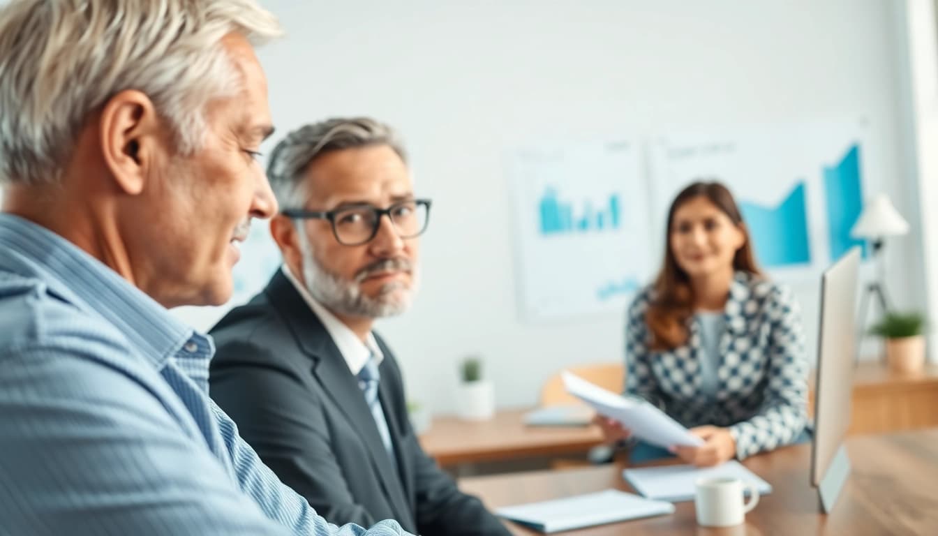 Financial advisor San Antonio providing personalized guidance to clients in a professional office.