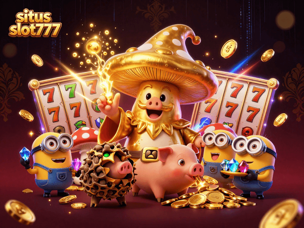 Savor exciting victories at situs slot777 with magical golden mushrooms, vibrant slot elements, and energetic 3D graphics.