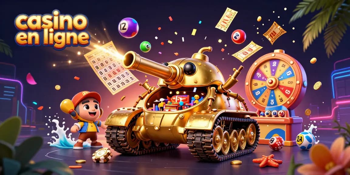 Découvrez le casino en ligne avec un tank à coque dorée et des éléments de jeu éparpillés autour.