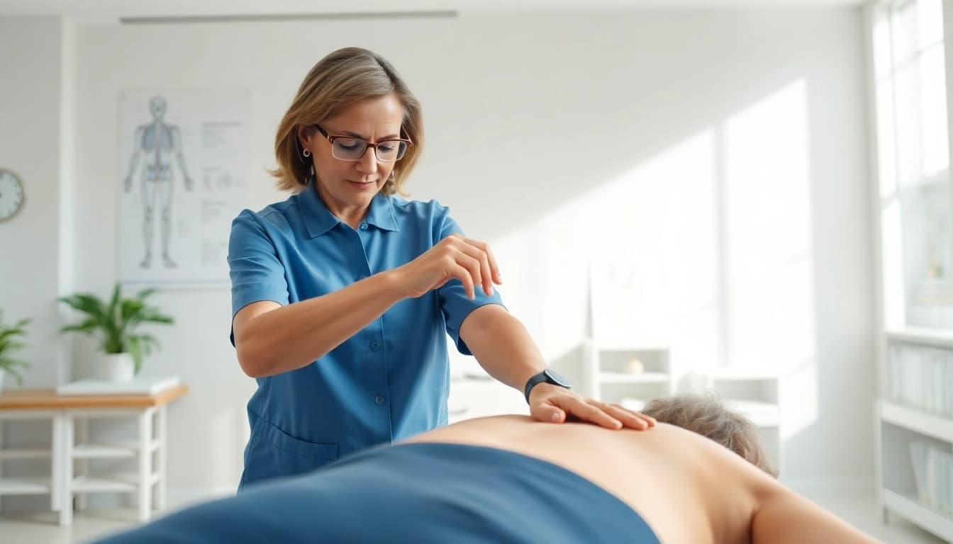 Osteopathie-Behandlung durch eine Fachkraft in einer ruhigen, modernen Klinik.