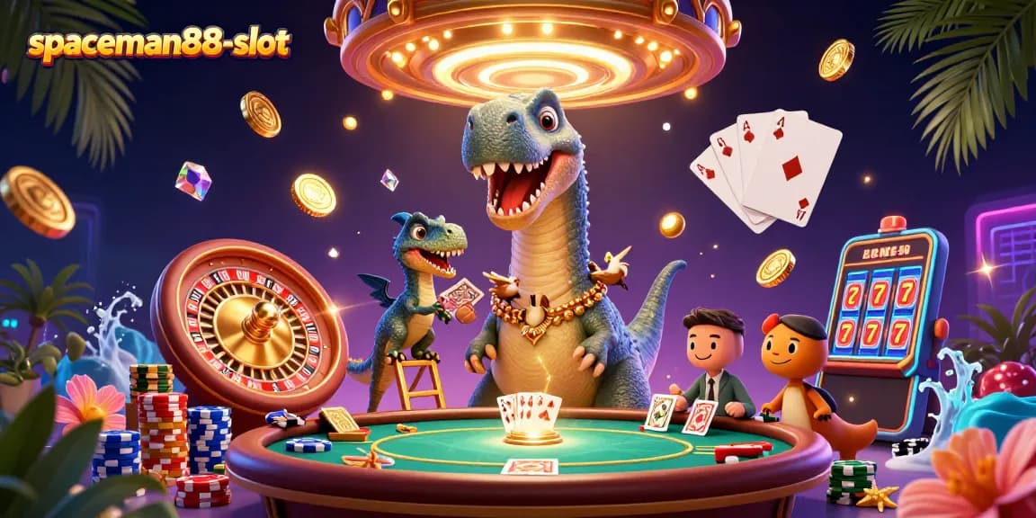 Experience the thrill of spaceman88-slot with vibrant casino elements and playful dinosaur characters.
