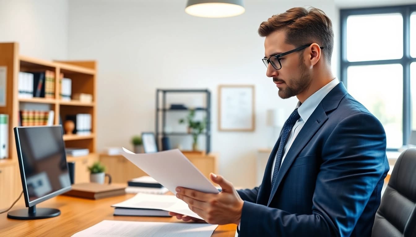Reviewing legal documents at https://www.fisher-wilsey-law.com with a professional demeanor.