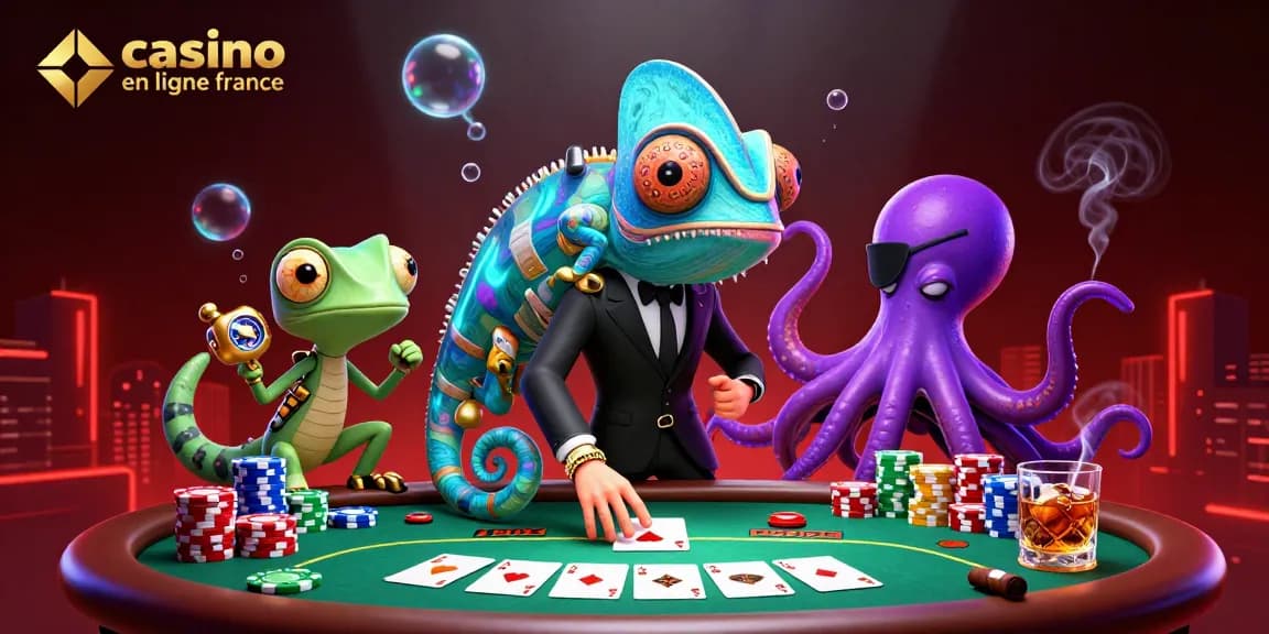 Illustration de casino en ligne France avec un caméléon agent secret et des éléments de poker animés.
