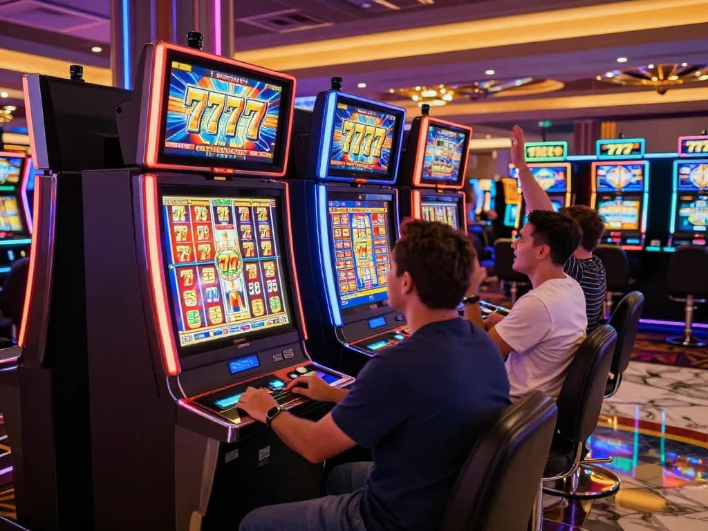 Engaged players enjoying slot 777 machines at a vibrant casino.