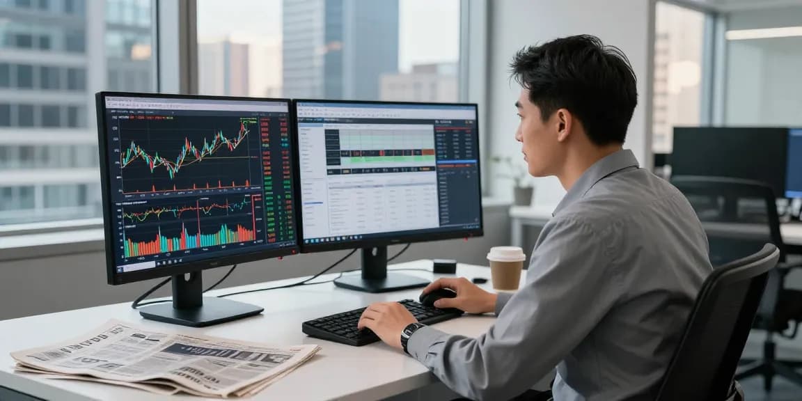 Analyst reviewing stock market indices live in a modern finance office.