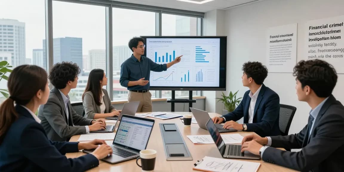 Dynamic team discussing financial crime intelligence insights in a modern office.