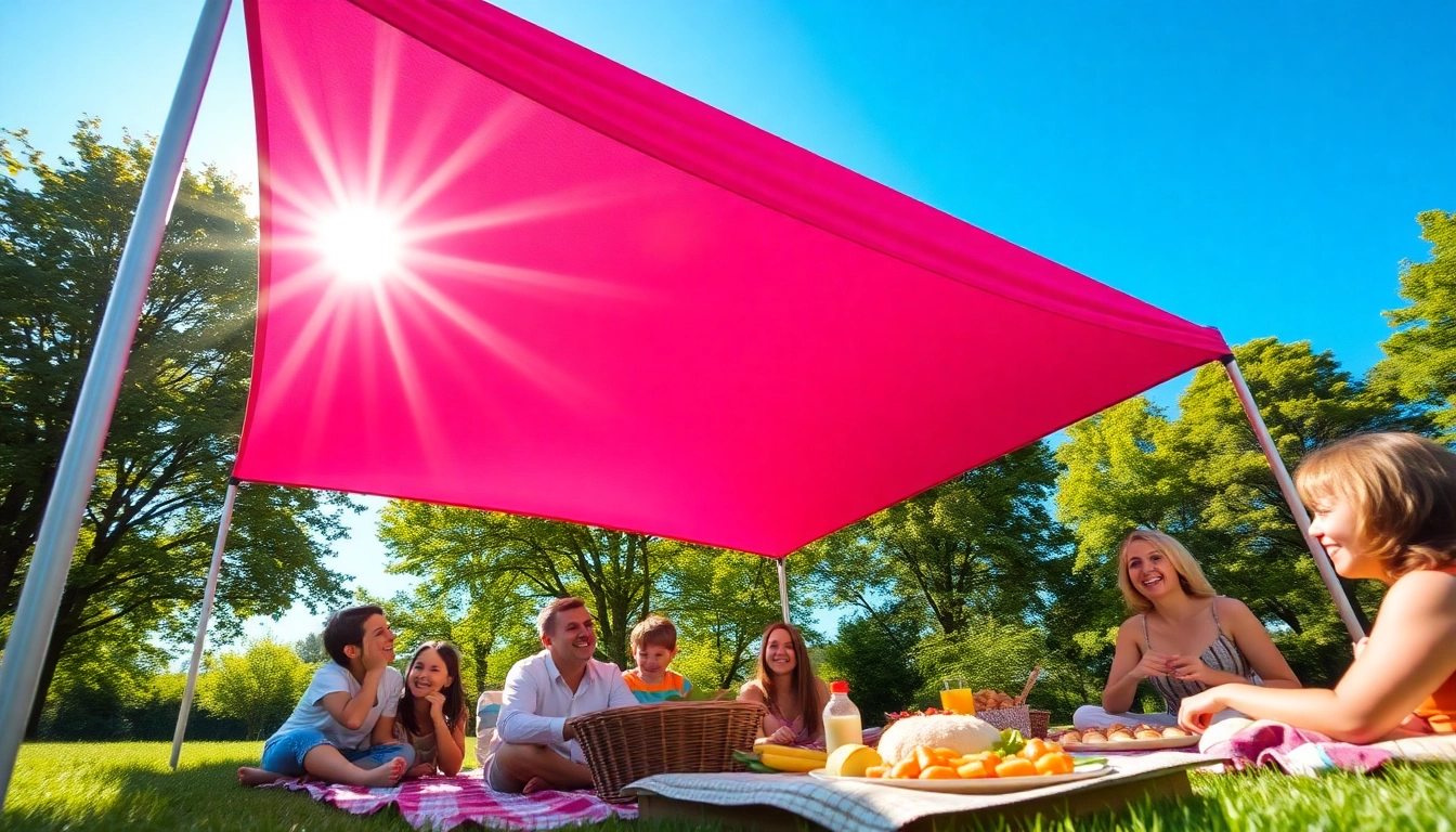 Families enjoying a picnic under a colorful canopy tent, providing shade and warmth.