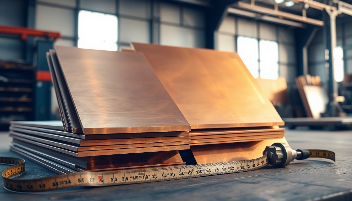 Plăci de tabla bronz expuse într-un mediu industrial, prezentând diferite grosimi și texturi metalice netede.