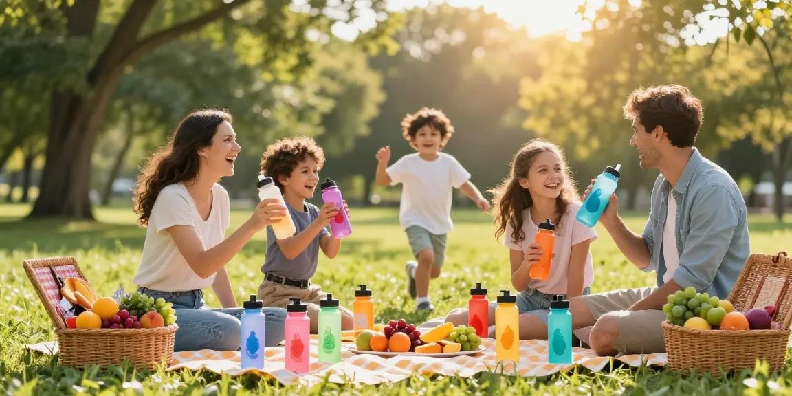 Family enjoying water bottles with scent pods during a sunny picnic.