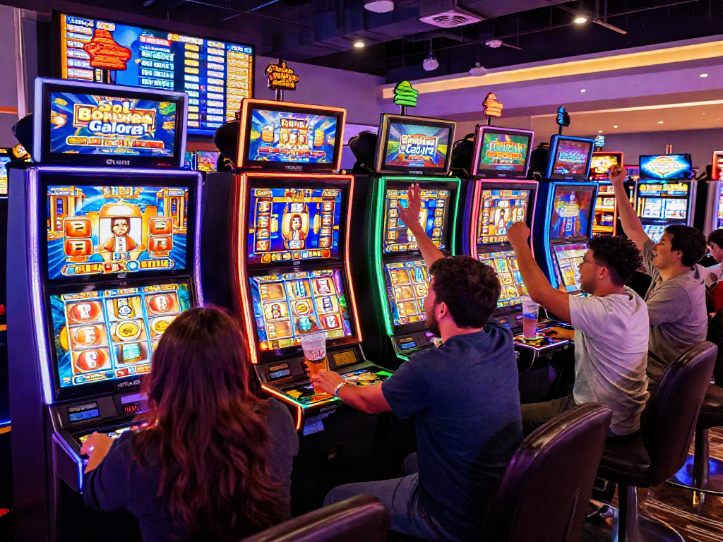 Engaging casino scene showcasing the excitement of slot bonuses with diverse players celebrating wins at vibrant gaming machines.