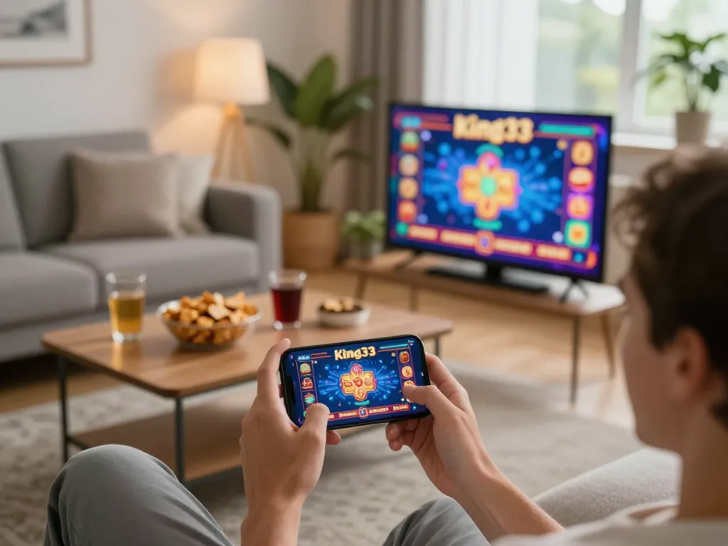 Engaging with the king33 mobile app for online gambling in a cozy living room