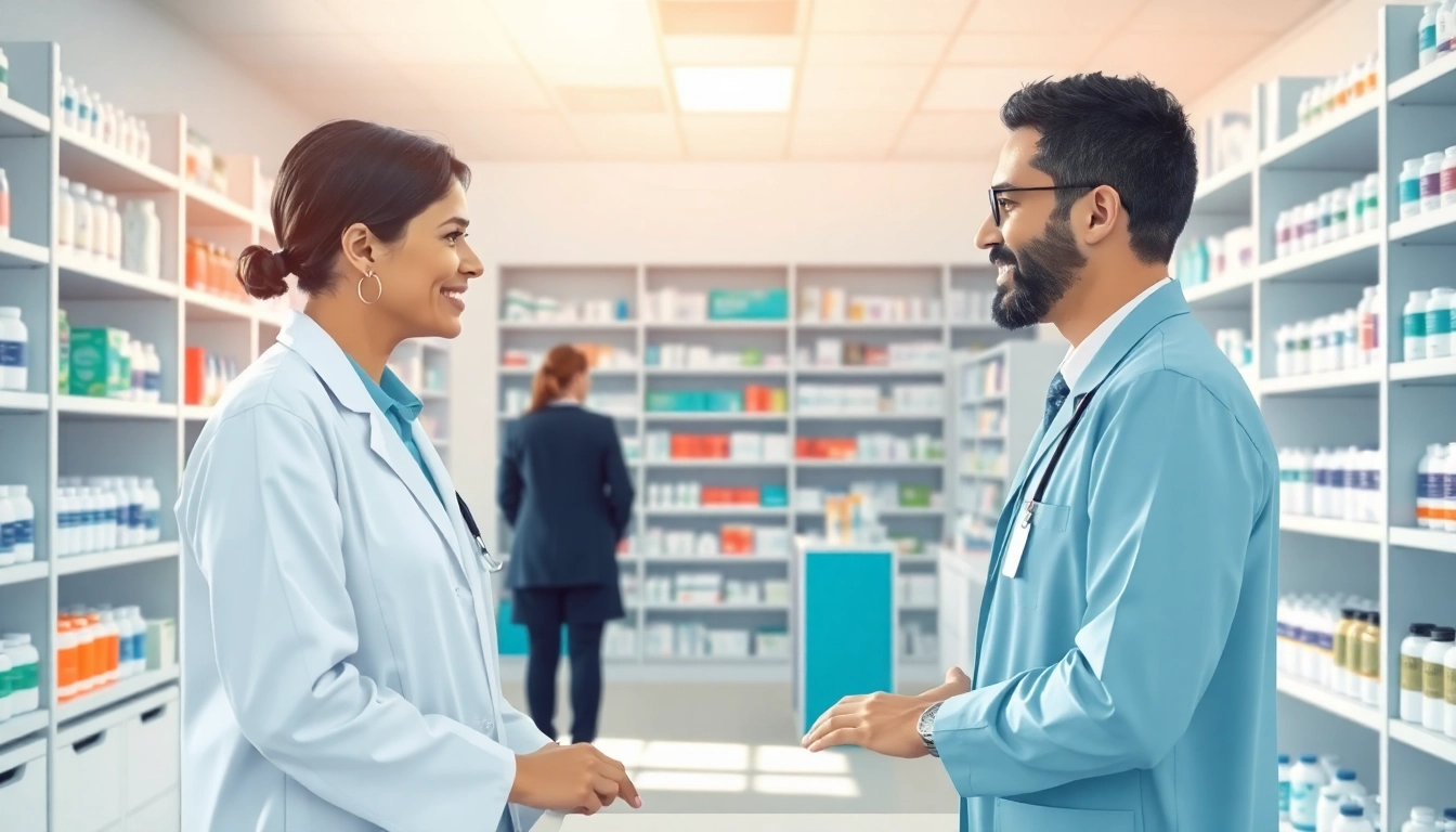Enhance health access at MediClick Pharmacy with a friendly pharmacist assisting customers in a bright, organized space.