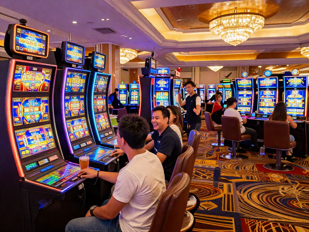 Friends enjoying high-energy slot luar negeri games in a vibrant casino setting