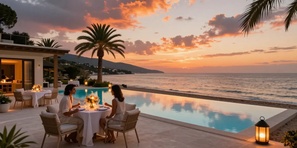 Villa Albania with infinity pool at sunset, showcasing luxury and romance.