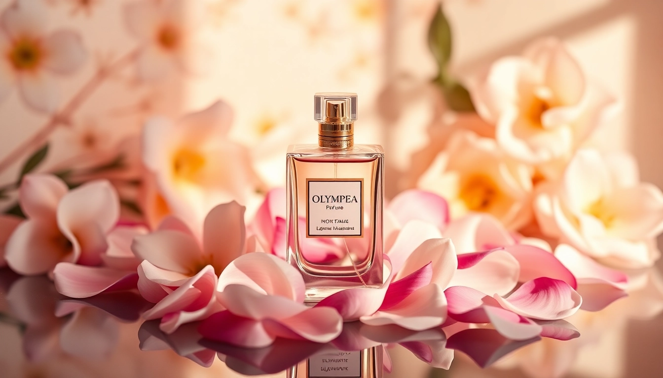 Showcase of Olympea perfume bottle surrounded by jasmine petals, enhancing its elegance.