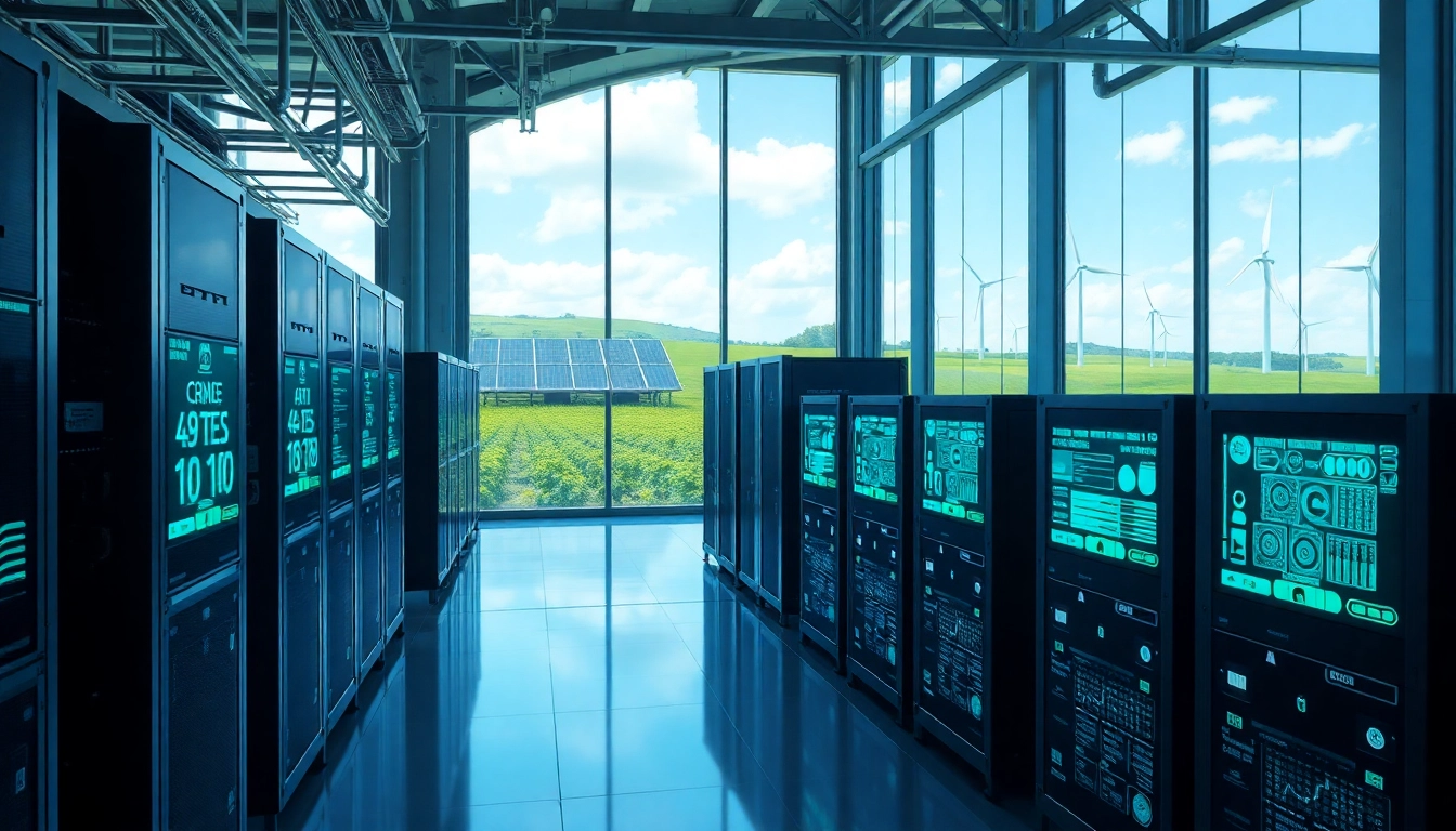 Crypto mining facility powered by renewable energy and AI technology, showcasing advanced rigs and real-time stats.