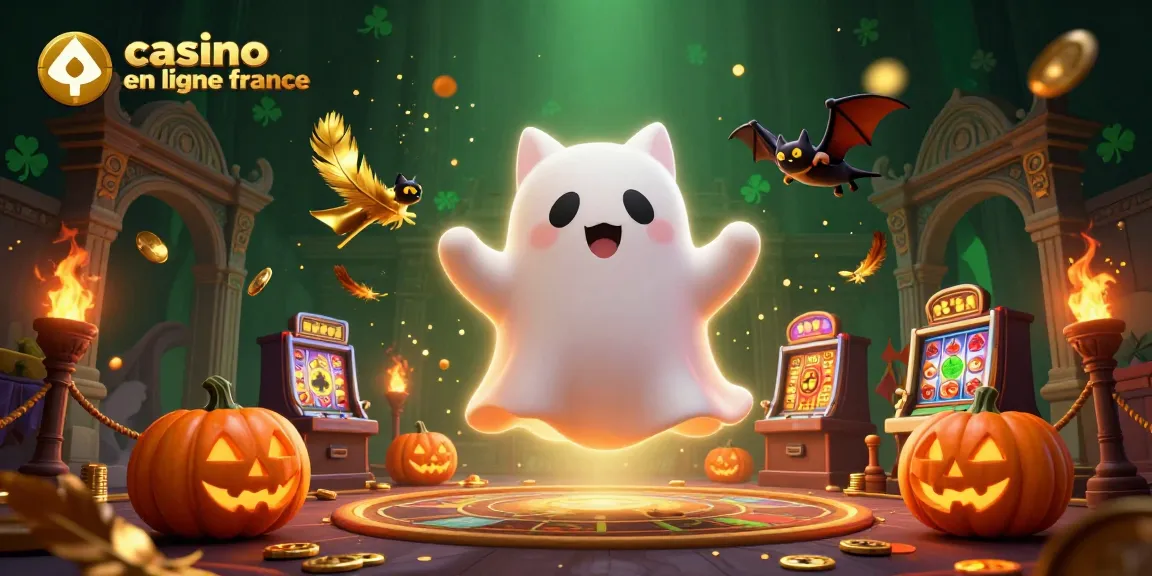 Le casino en ligne France s'anime avec un chat fantôme, une chauve-souris et des citrouilles dans un décor riche.