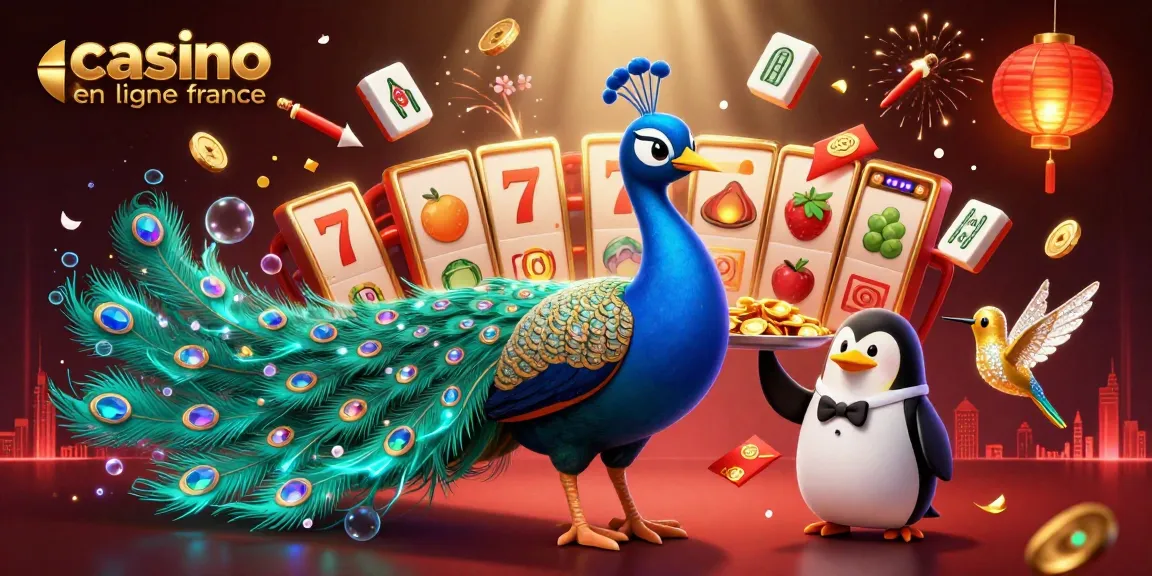 Illustration d'un casino en ligne France affichant un paon aristocratique et des éléments de jeu dynamiques.
