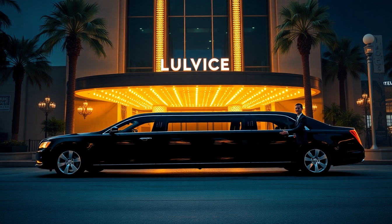 Luxurious Los Angeles Limo parked outside a glamorous venue with a professional chauffeur.