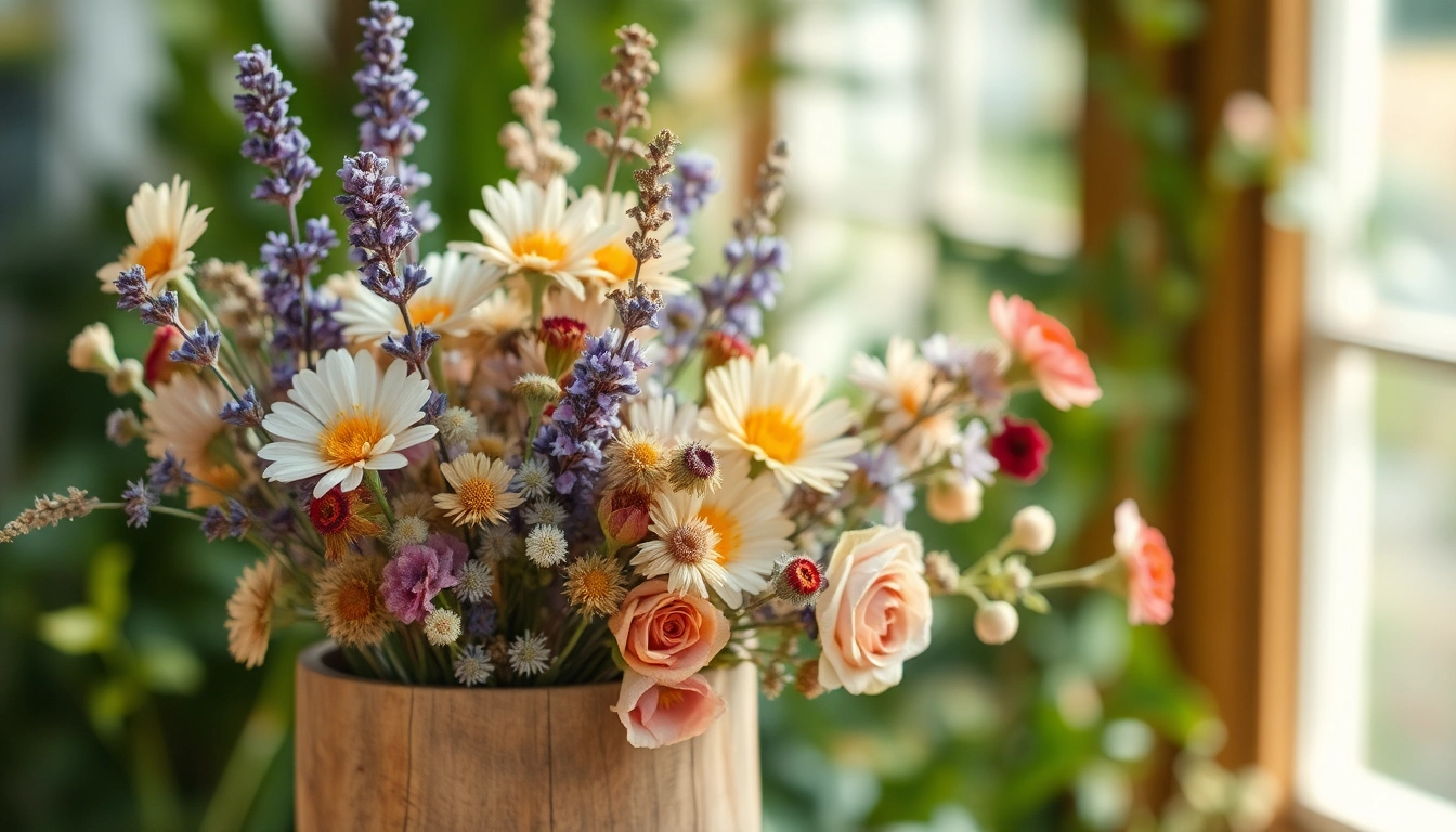 Beautifully arranged dried flowers showcasing vibrant colors and textures in a rustic setting.