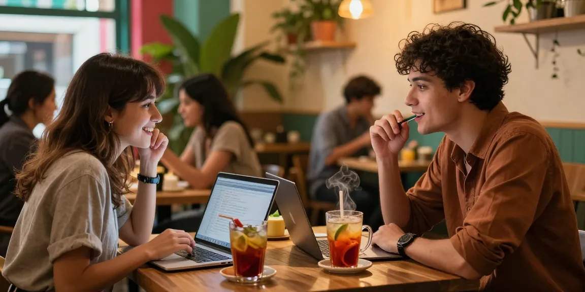 Couple enjoying a spicy chat over exotic drinks in a cozy cafe.