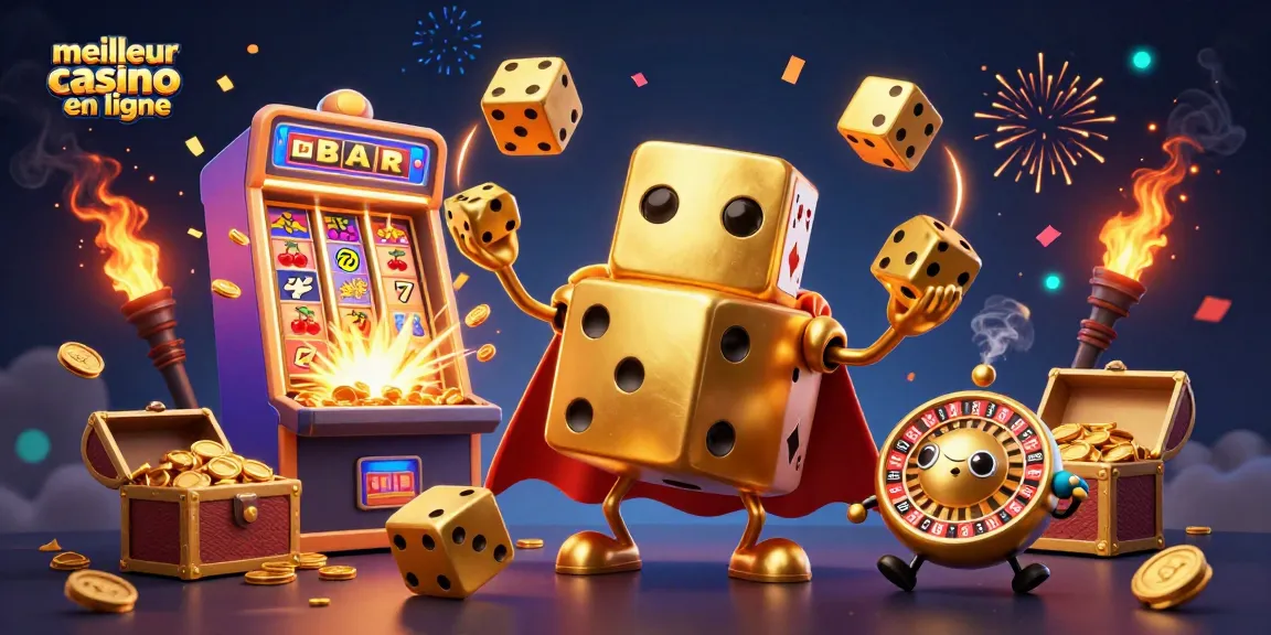 Visualisez le meilleur casino en ligne avec un golem de dés dorés jonglant des dés plus petits et une machine à sous explosant des pièces d'or.