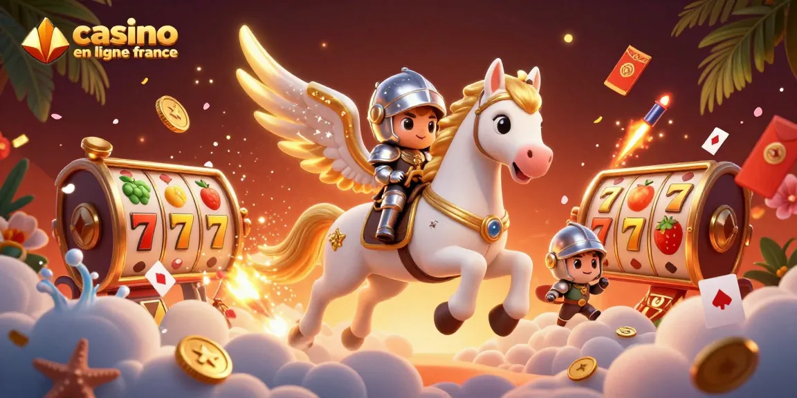 Illustration dynamique des jeux de casino en ligne France avec un cheval céleste et des éléments de jeu colorés.