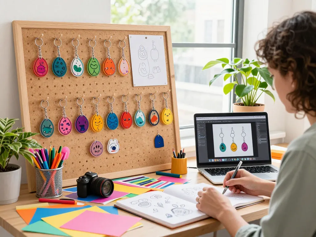 Custom acrylic keychains showcased in an artist's vibrant workspace with creative design elements.