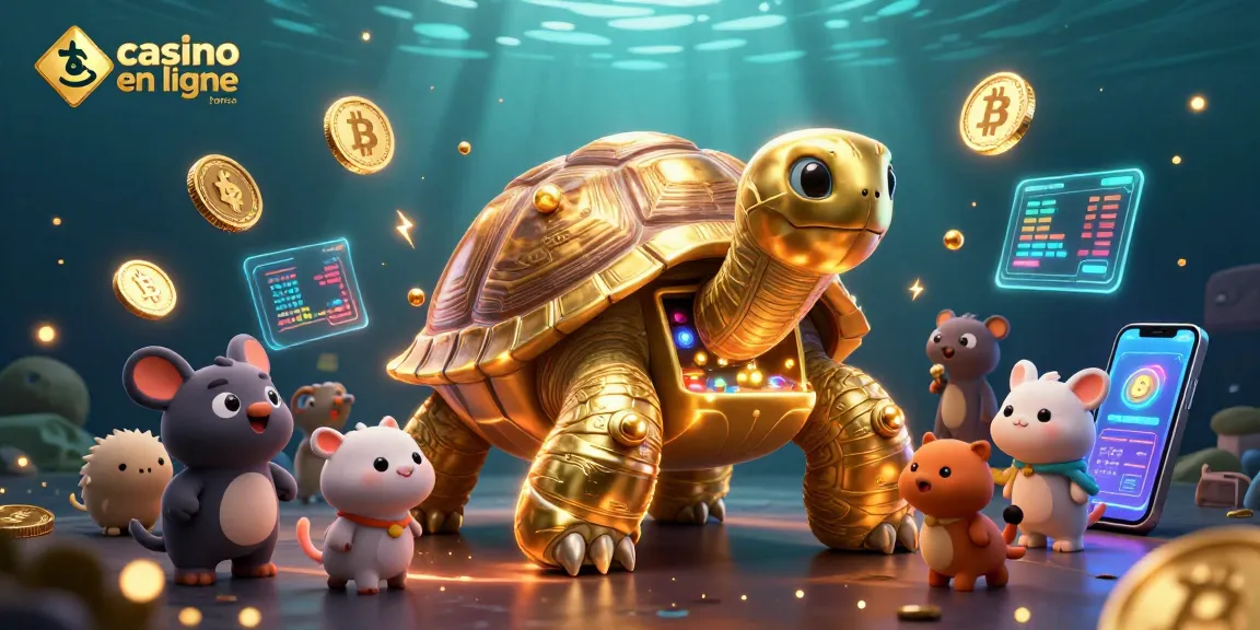 Jouez au casino en ligne France avec cette illustration dynamique de tortue géante et des éléments de jeu.