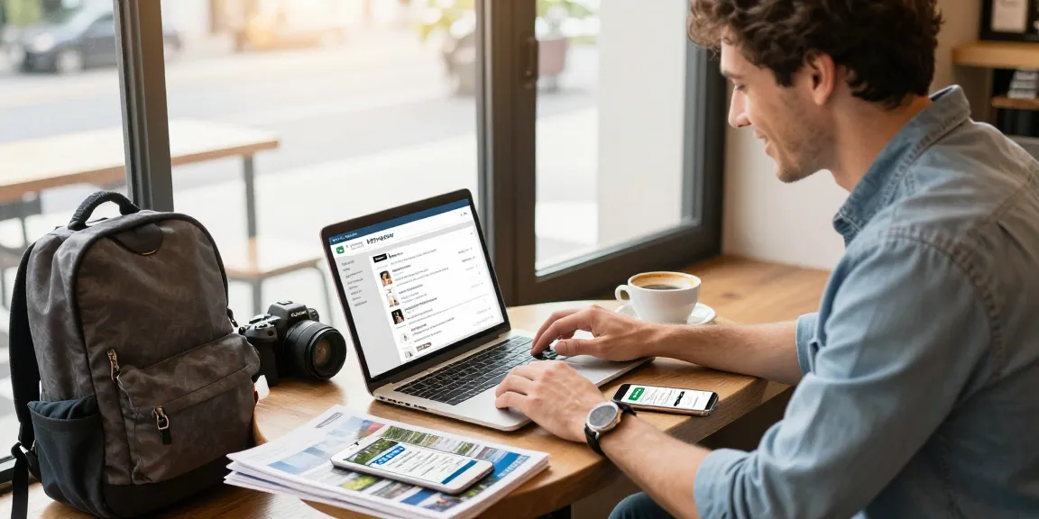 Travel advisor using host agency software to plan trips in a stylish café.