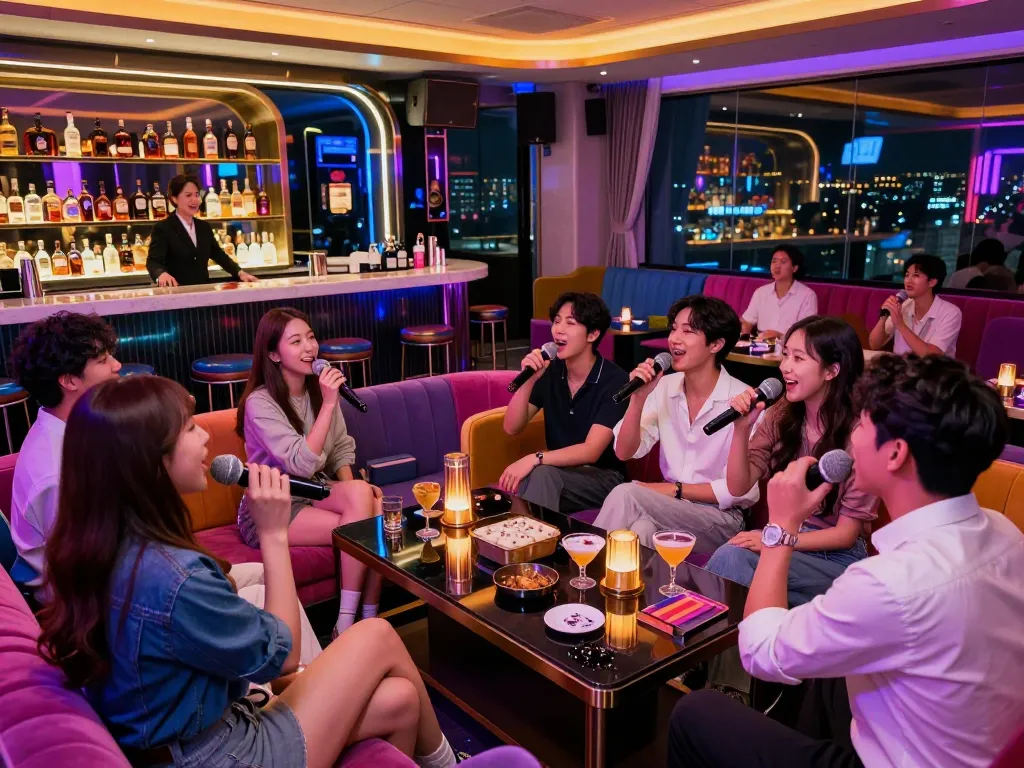 Enjoying karaoke at a high-end Gangnam lounge, showcasing the vibrant atmosphere of gangnamtune.com.
