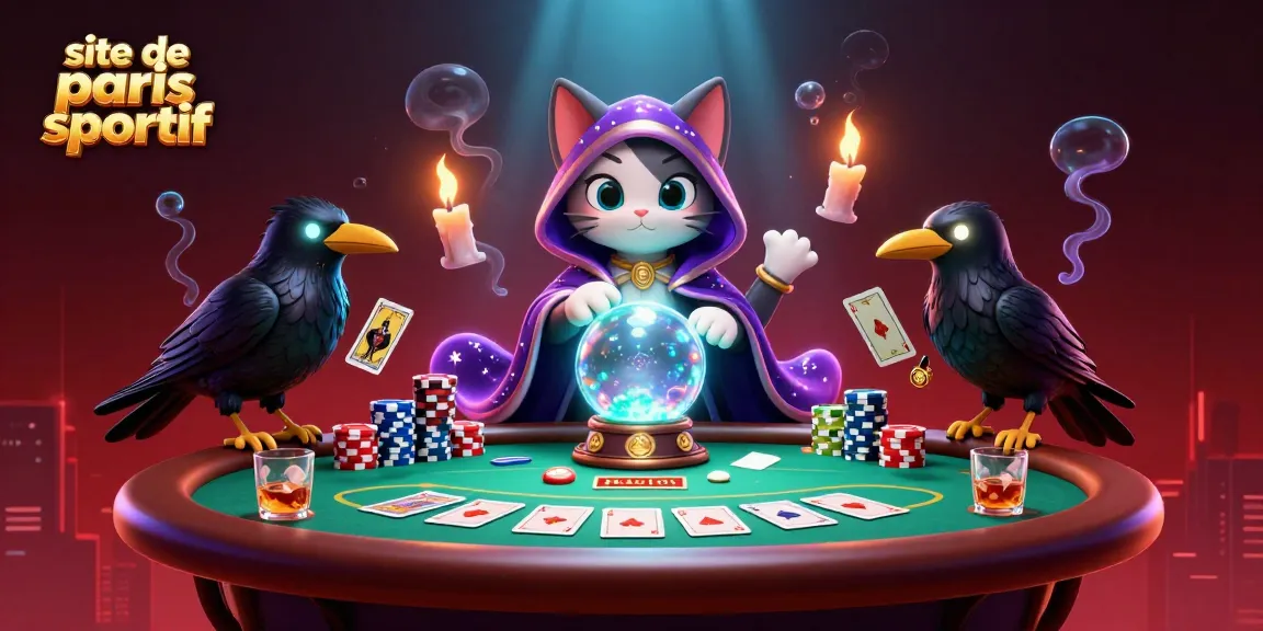 Placez vos paris sur le site de paris sportif avec un chat mystique et des éléments de poker colorés.
