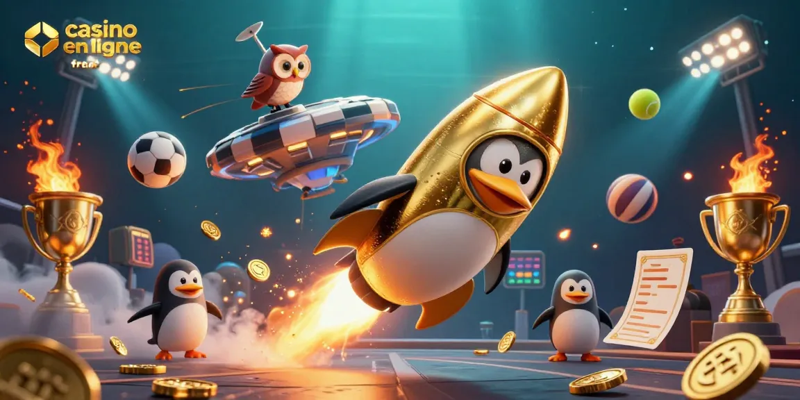 Gagnez avec le meilleur casino en ligne France, représentant un pingouin doré cosmique en pleine action.