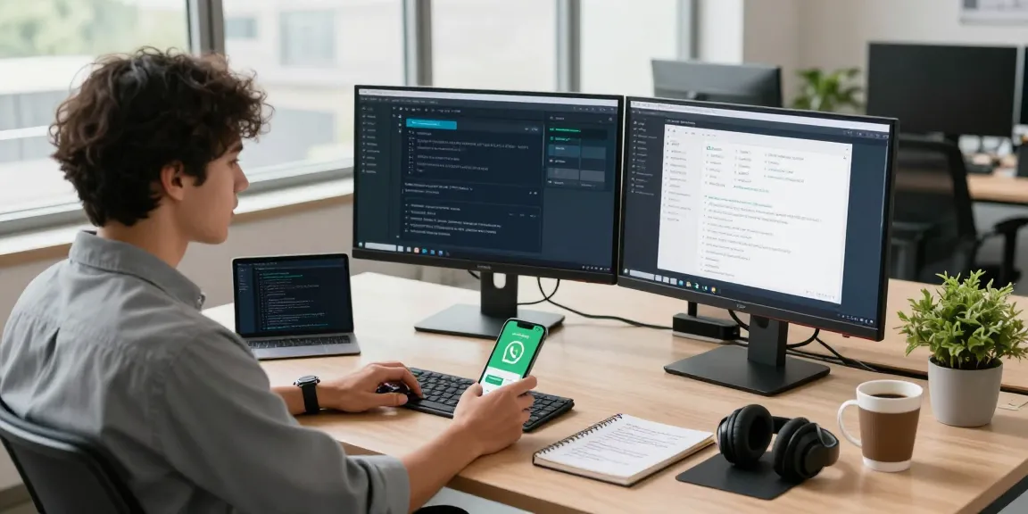 WhatsApp下載 workspace scene with a professional using dual monitors and smartphone in a modern tech office.