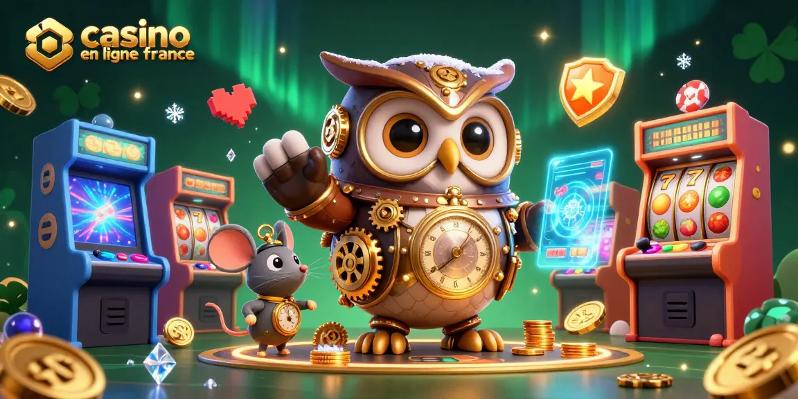 Illustration de casino en ligne France avec une chouette steampunk et des machines à sous