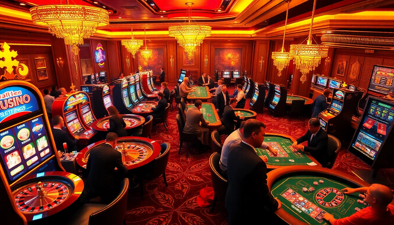 Des joueurs profitant de leur temps dans un casino en ligne luxueux avec des tables et des jeux de cartes vibrants.