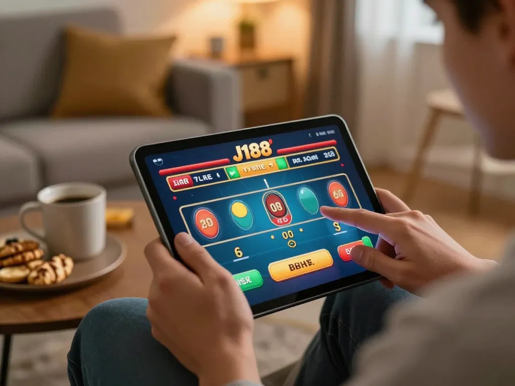 Player enjoying a gaming session on J188's online casino from home, focusing on tablet.